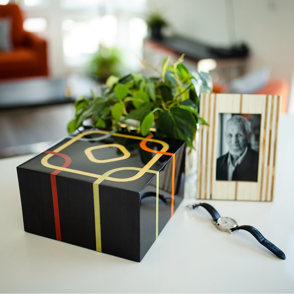 Il Centro - Large Black, Yellow, Red, Blue & Green Wood Cremation Urn - Modern Memorials