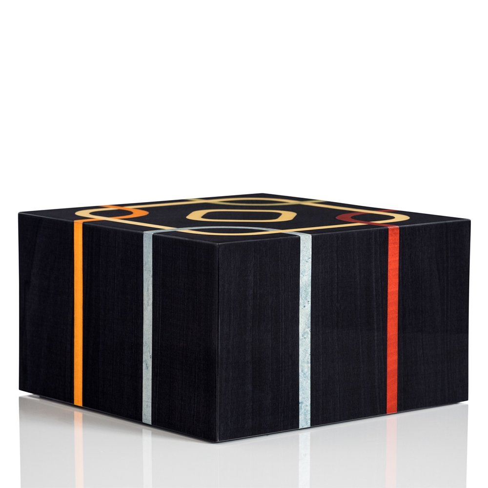 The Center Urn - Large Black, Yellow, Red, Blue & Green Wood Cremation Urn - Modern Memorials